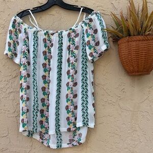 R1893 Striped Floral Off-Shoulder Tunic Top - White with Green & Pink